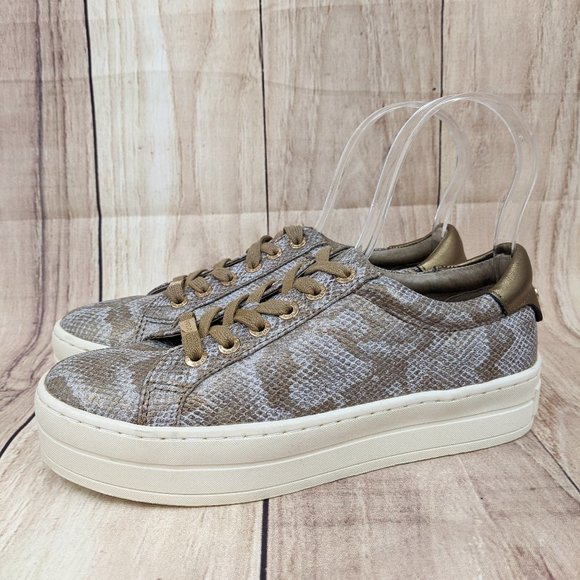 J/SLIDES Metallic Gold Snakeskin Lace Up Platform Sneakers Sz 6 - Picture 1 of 10